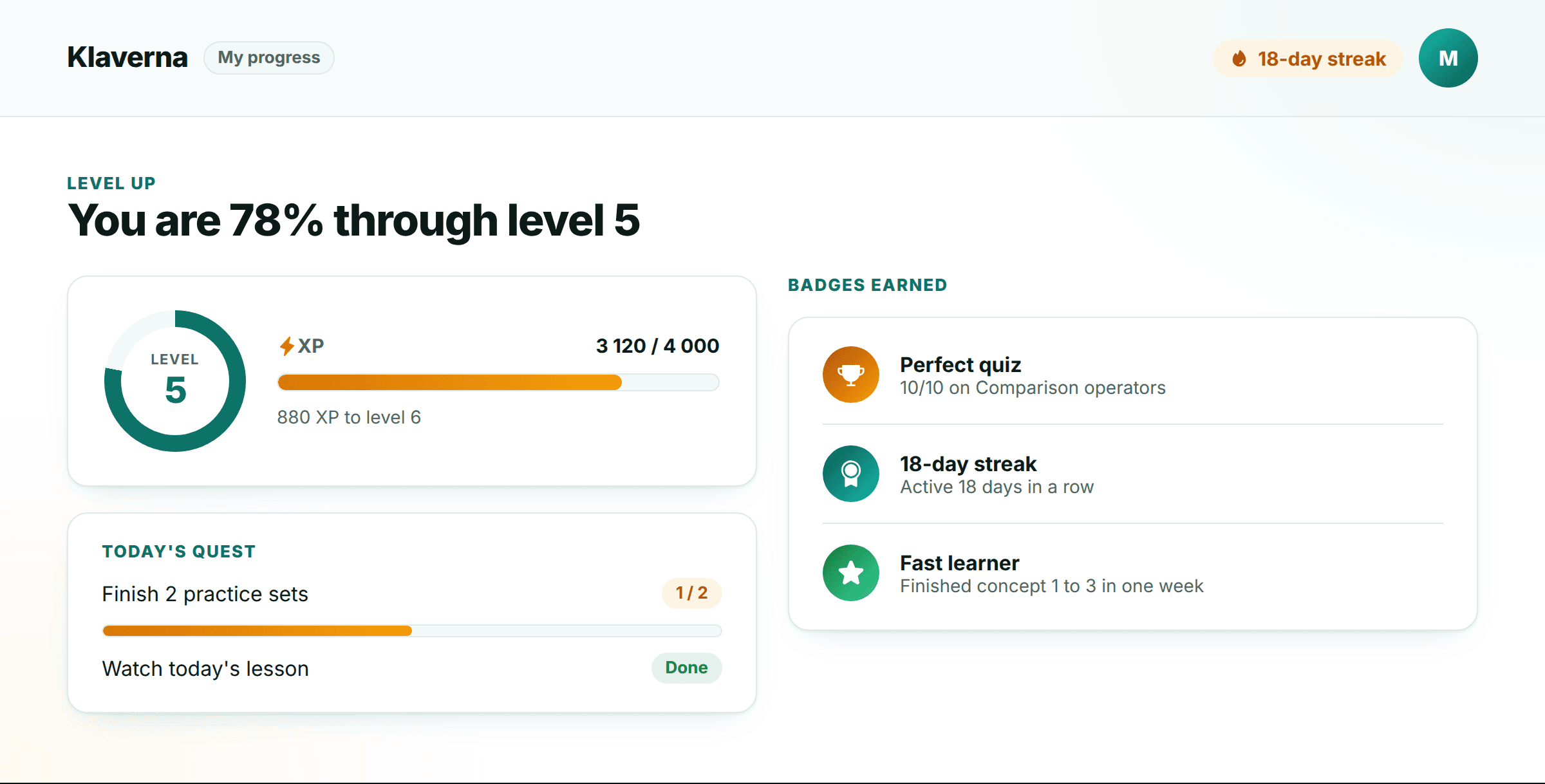 Streak, XP and badges