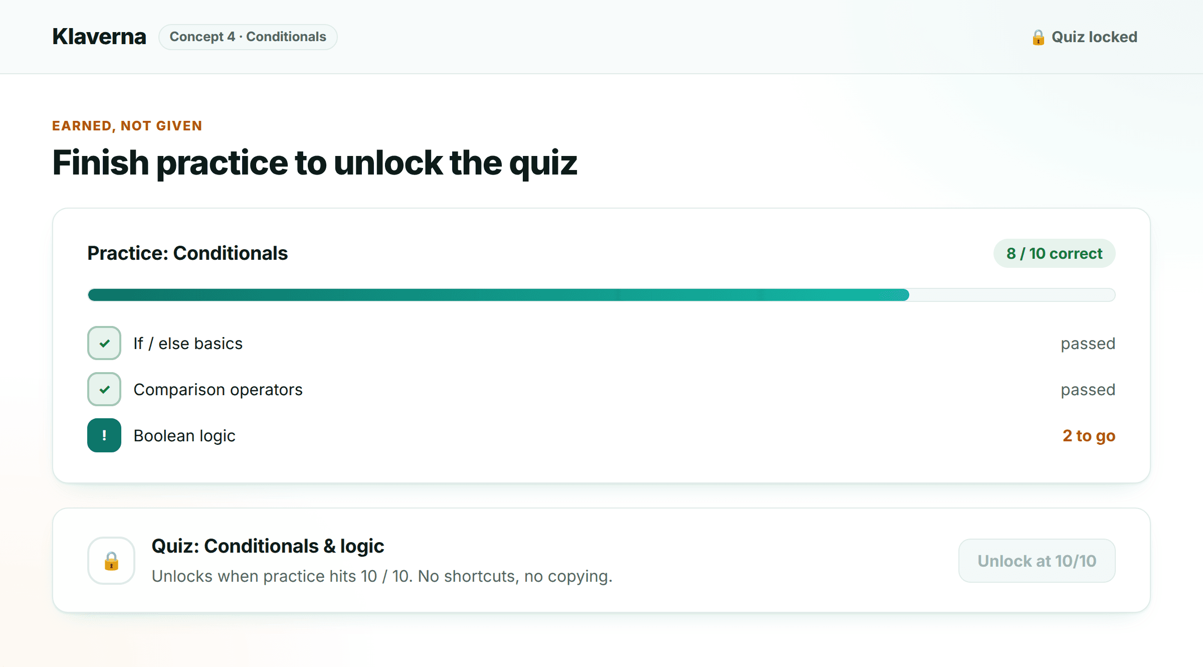 Quiz unlocks at full practice